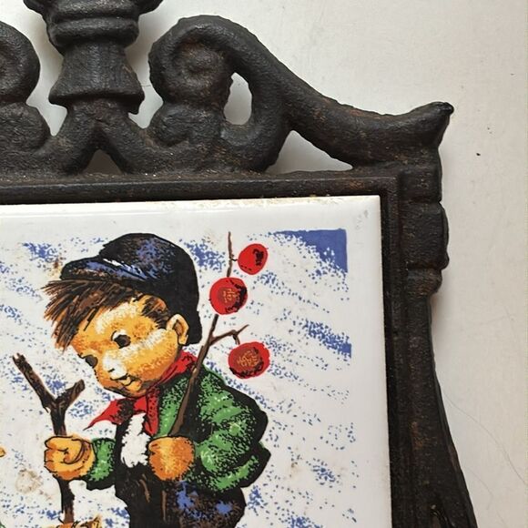 Vintage Decor Seven Star Tile Cast Iron Trivet with Little Boy and Sheep - Picture 3 of 6